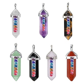 Gemstone Double Terminal Pointed Faceted Bullet Pendants, Chakra Alloy Colorful Rhinestone Charms, Platinum