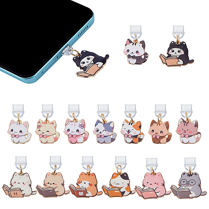 15шт. ПВХ мобильные пылезащитные заглушки, с подвесками из эмали и сплава , форма кошки, золотые