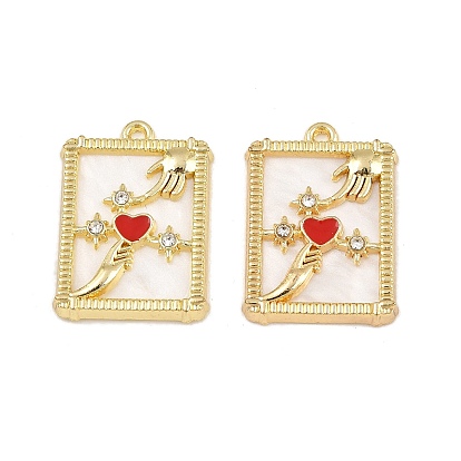 Alloy Enamel Pendants, Rectangle Tarot with Heart Charms, with Rhinestone & White Shell