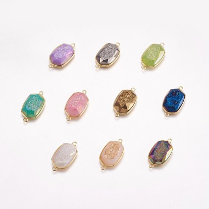 Electroplate Natural Druzy Agate Links Connectors, with Brass Finding, Hexagon, Golden