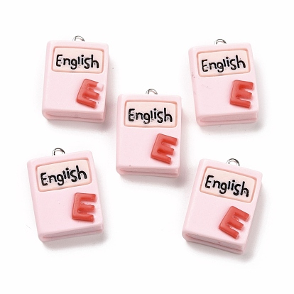 Resin Pendants for Teachers' Day, with Platinum Iron Findings, Imitation Stationery, English Book