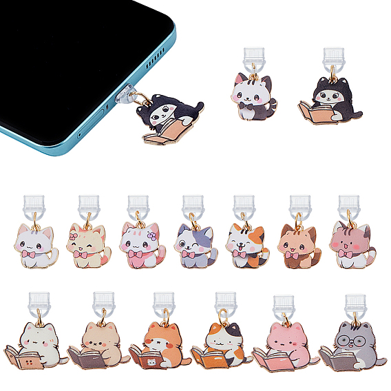 15шт. ПВХ мобильные пылезащитные заглушки, с подвесками из эмали и сплава , форма кошки, золотые