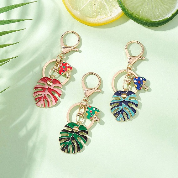 3Pcs Alloy Enamel Keychains, with Alloy Keychain Clasp Findings, Leaf with Mushroom