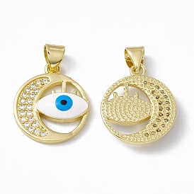Rack Plating Brass Micro Pave Clear Cubic Zirconia Charms, with Enamel, Long-Lasting Plated, Cadmium Free & Lead Free, Flat Round with Evil Eye