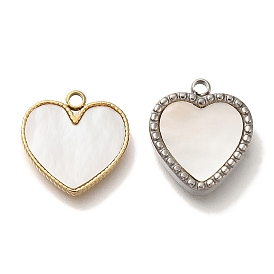 PVD Vacuum Plating 304 Stainless Steel Charms, with Pave Shell, Heart Charm