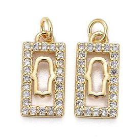Brass Micro Pave Clear Cubic Zirconia Pendants, Long-Lasting Plated, for Religion, Rectangle with Hamsa Hand