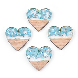 Pendentifs en résine transparente et bois blanc, charms coeur avec paillettes