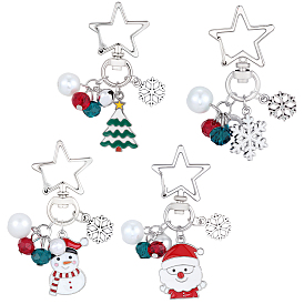 4шт. 4 стили: подвесные украшения из сплава, эмали и стекла на рождественскую тематику, с латунным колокольчиком и поворотными карабинами из сплава в форме сердца