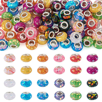 72Pcs 12 Colors Transparent Resin Rondelle European Beads, with Paillette & Platinum Tone Brass Cores, Large Hole Beads