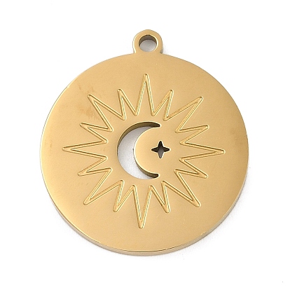 304 подвески из нержавеющей стали, плоский круглый с солнечным шармом, ионное покрытие (ip)