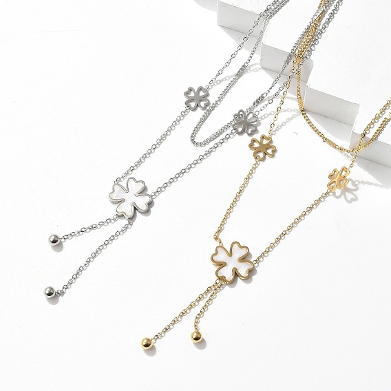 304 двухслойные ожерелья из нержавеющей стали с жемчужной кулоном в виде клевера для женщин, белые