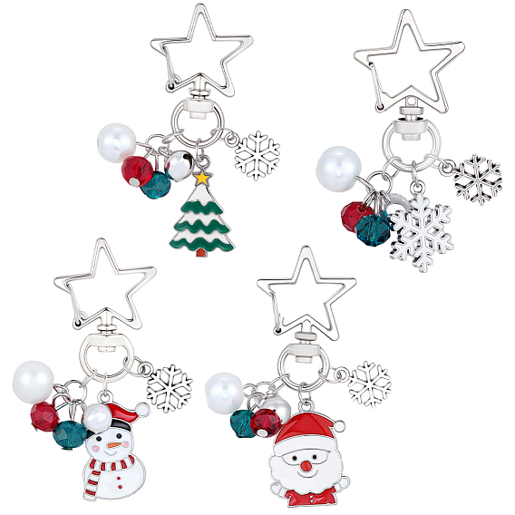 4шт. 4 стили: подвесные украшения из сплава, эмали и стекла на рождественскую тематику, с латунным колокольчиком и поворотными карабинами из сплава в форме сердца