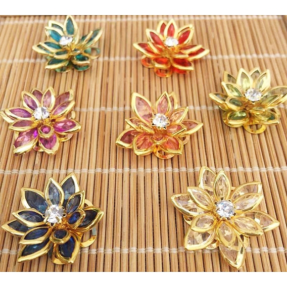 Acrylic Rhinestone Cabochons, with Golden Tone Brass Findings, Flower, for Hair Accessories