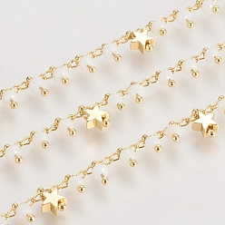Handmade Brass Chains, with Faceted Glass Beads, Curb Chains and Star Beads, Long-Lasting Plated, Soldered, with Spool