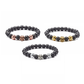 Natural Lava Rock Round Beads Essential Oil Anxiety Aromatherapy Bracelets, Skull Alloy Beads Stretch Bracelets Set for Girl Women