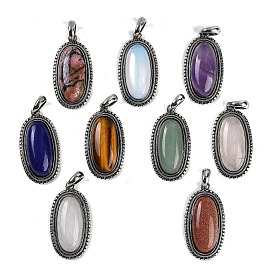 Gemstone Pendants, Oval Charms, with Antique Silver Tone Alloy Findings, Cadmium Free & Lead Free