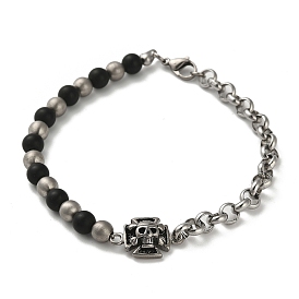 Synthetic Black Stone Round Beaded Bracelets, 304 Stainless Steel Link Bracelet for Men, Cross with Skull Pattern