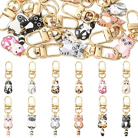 12 pièces 12 styles pendentifs décoratifs en forme de chat en alliage émaillé plaqué, avec fermoir pivotant, or