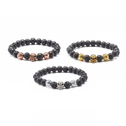Natural Lava Rock Round Beads Essential Oil Anxiety Aromatherapy Bracelets, Skull Alloy Beads Stretch Bracelets Set for Girl Women