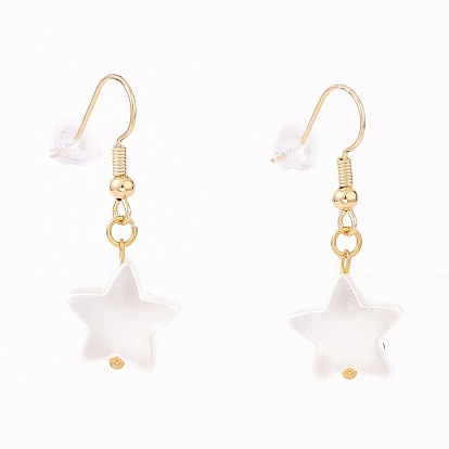 Dangle Earrings, with Acrylic Imitation Pearl Beads, Brass Earring Hooks and Plastic Ear Nuts, Star, Mixed Color