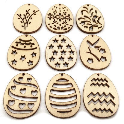 Unfinished Wooden Easter Egg Cutout Pendant Ornaments, for DIY Painting Ornament Easter Home Decoration, Mixed Patterns