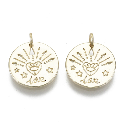 Brass Pendants, with Jump Rings, Flat Round with Word Love, Nickel Free