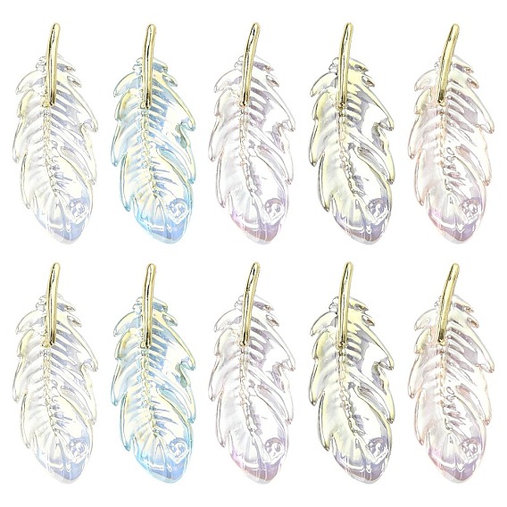 10шт 5 цвета прозрачные акриловые подвески с УФ-покрытием, радужный, перо, с находкой из золотого сплава