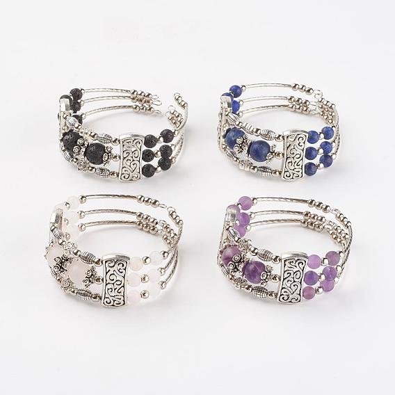 Three Loops Tibetan Style Alloy Wrap Bracelets, with Natural Gemstone Beads