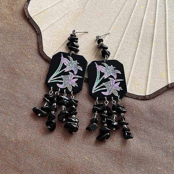 Серьги-гвоздики с кисточками из смолы, прямоугольник с цветочным узором