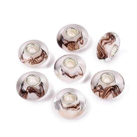 Handmade Lampwork & Brass Core European Beads, Large Hole Beads, Marble Pattern Rondelle, Silver