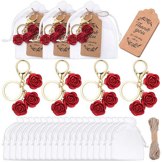 ABS Plastic Flower Keychains, with Organza Bags and Paper Card and Jute Cord and Alloy Findings