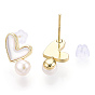 Natural White Shell Heart & Pearl Stud Earrings, Brass Earring with 925 Sterling Silver Pins