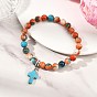 Браслеты с подвесками-крестиками из синтетической бирюзы, Круглые синтетические бусины из окрашенного океанического белого нефрита, эластичные браслеты для женщин и мужчин