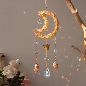Wire Wrapped Natural Citrine Chips & Metal Moon Hanging Ornaments, Glass Teardrop Tassel Suncatcher for Window Garden Decoration