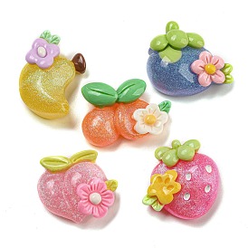 Flower Fruit Opaque Resin Decoden Cabochons with Glitter Powder, Peach & Strawberry & Mango, Mixed Shapes