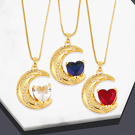 Retro Moon and Heart Pendant Necklace with Zirconia Stones for Women