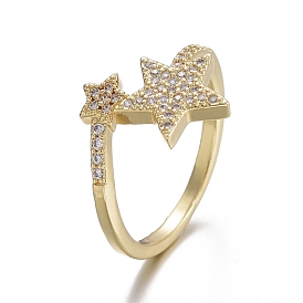 Adjustable Brass Micro Pave Cubic Zirconia Cuff Rings, Open Rings, Long-Lasting Plated, Star