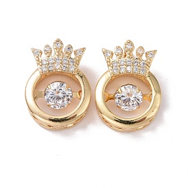 Brass Micro Pave Clear Cubic Zirconia Charms, Cadmium Free & Lead Free, Flat Round with Crown