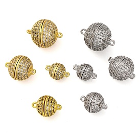 Brass Micro Pave Clear Cubic Zirconia Magnetic Clasps, with Loops, Lead Free & Cadmium Free, Round