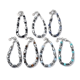 Bracelets rectangulaires en hématite synthétique non magnétique, bracelets de perles rondes en pierres précieuses mélangées avec fermoirs à pinces de homard en acier inoxydable