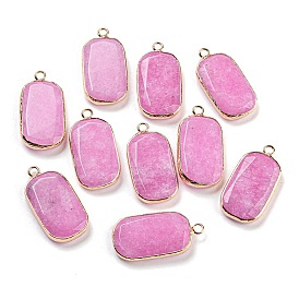 Natural White Jade Dyed Pendants, Faceted Rectangle Charms with Golden Tone Brass Edge