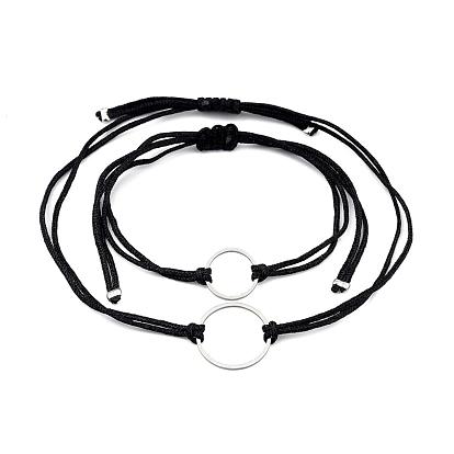 Conjuntos de pulseras trenzadas con cordón de nailon ajustable, pulseras de la amistad, con 304 anillo de enlace de acero inoxidable y cuentas de latón