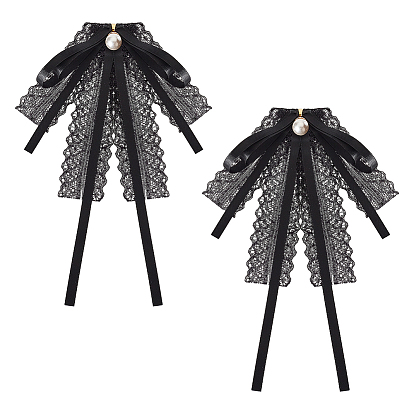Polyester Ribbon Bowknot Brooch, Plastic Bead Neck Tie Lapel Pin for Women