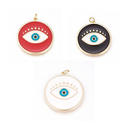 Brass Enamel Pendants, Long-Lasting Plated, Lead Free & Cadmium Free & Nickel Free, Flat Round with Evil Eye, Real 18K Gold Plated