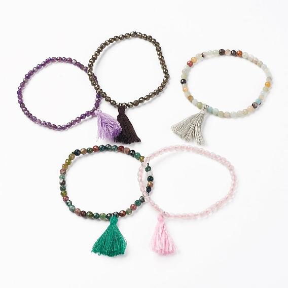 Bracelets de charme de pierre naturelle, avec des pompon de fil de coton