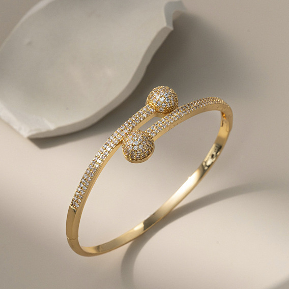 Плоские круглые латунные браслеты-манжеты с микропаве из прозрачных кубических цирконий, шарнирные браслеты для женщин