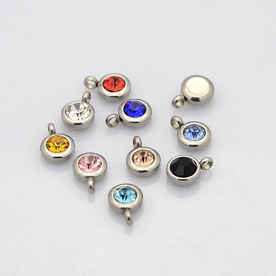 Trendy Original Color 304 Stainless Steel Faceted Grade A Rhinestone Flat Round Charms Pendants, Birthstone Charms, Stainless Steel Color, 9x6.5x4mm, Hole: 2mm