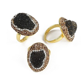 Oval Natural Tektite & Rhinestone Finger Rings, Brass Adjustable Rings