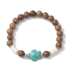 Beach Tortoise Synthetic Turquoise Bracelets, 8mm Wenge Wood Round Beaded Stretch Bracelets for Women