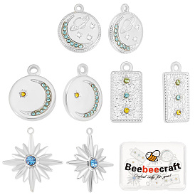 8 шт 4 стили 304 подвески из нержавеющей стали, со стразами, прямоугольник со звездой и плоский круг со звездой